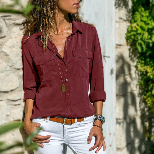 Long Sleeve Pocket Detail Shirt Blouse Wine red