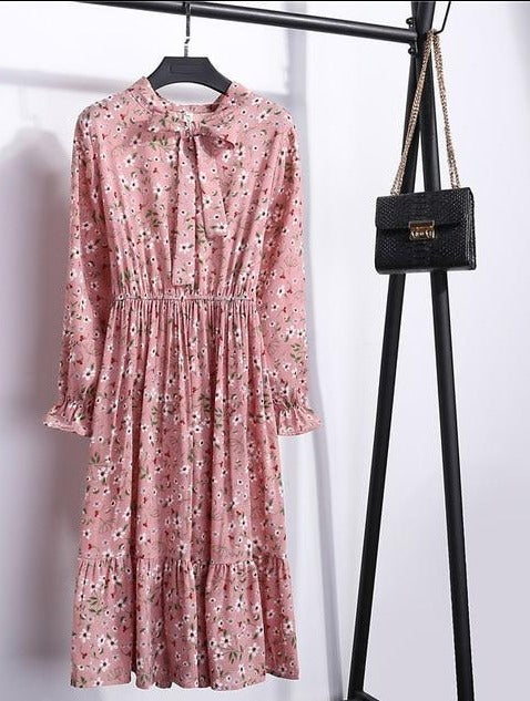 Long sleeve Floral Printed Chiffon Shirt Dress