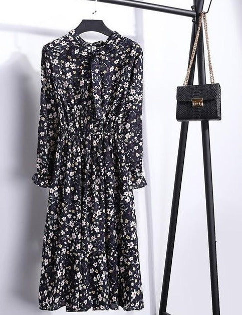 Long sleeve Floral Printed Chiffon Shirt Dress