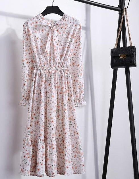 Long sleeve Floral Printed Chiffon Shirt Dress