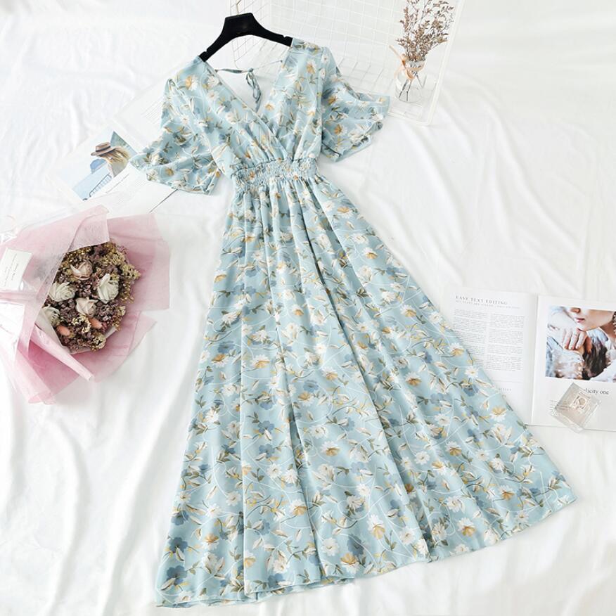 Ruffled Short-sleeved Chiffon Dress