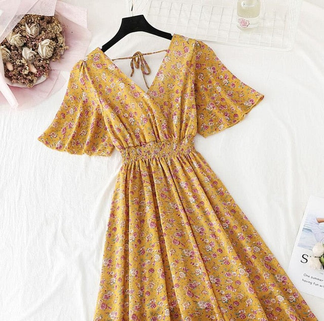 Ruffled Short-sleeved Chiffon Dress