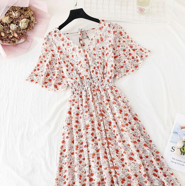 Ruffled Short-sleeved Chiffon Dress