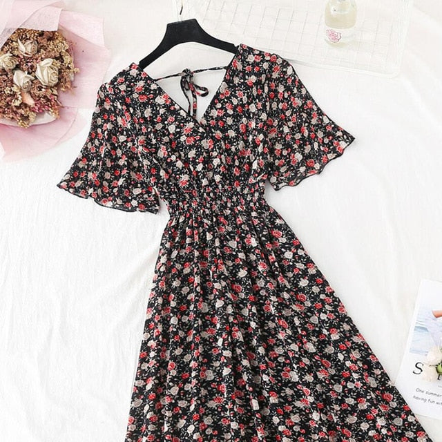 Ruffled Short-sleeved Chiffon Dress