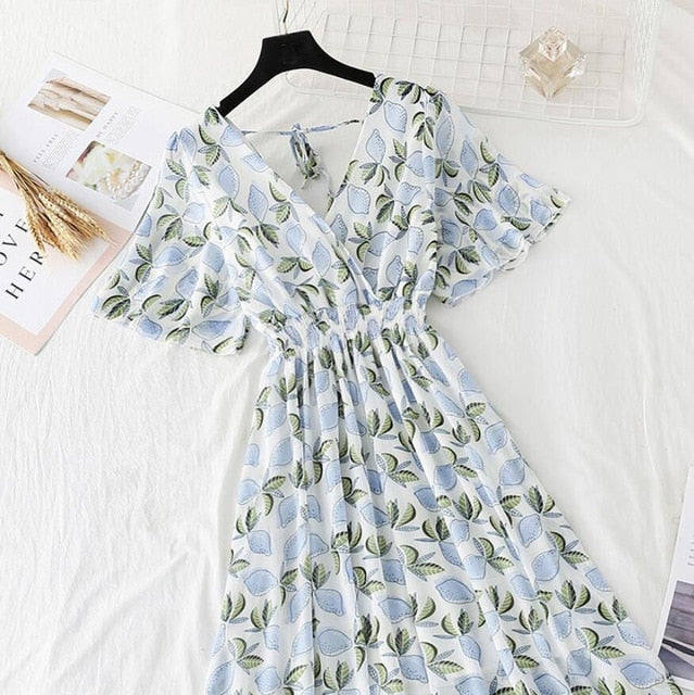 Ruffled Short-sleeved Chiffon Dress