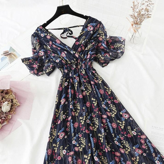 Ruffled Short-sleeved Chiffon Dress