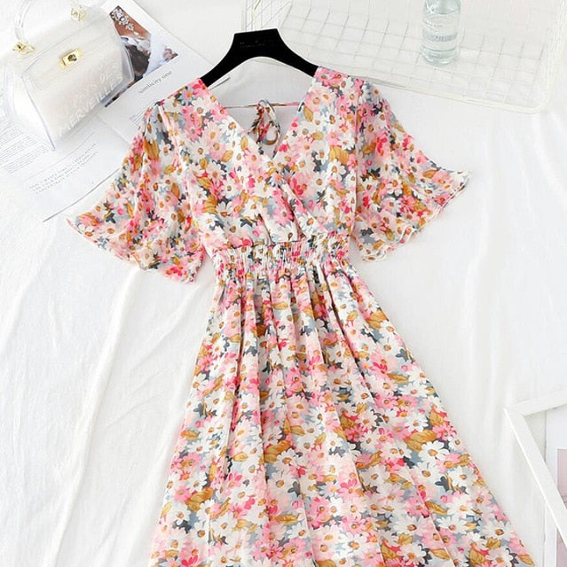 Ruffled Short-sleeved Chiffon Dress