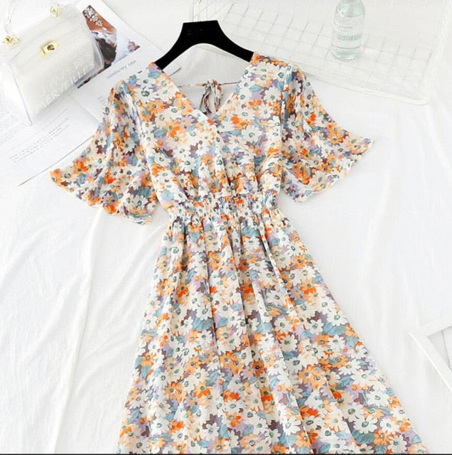 Ruffled Short-sleeved Chiffon Dress