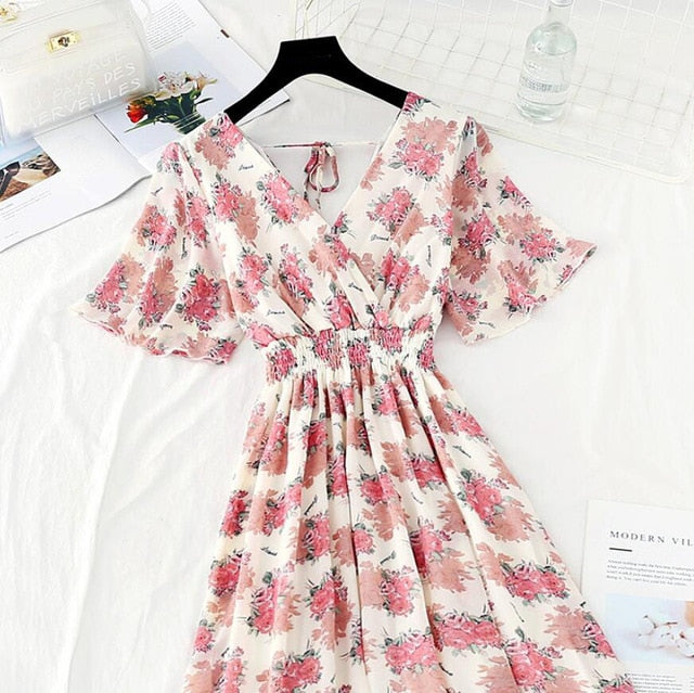 Ruffled Short-sleeved Chiffon Dress