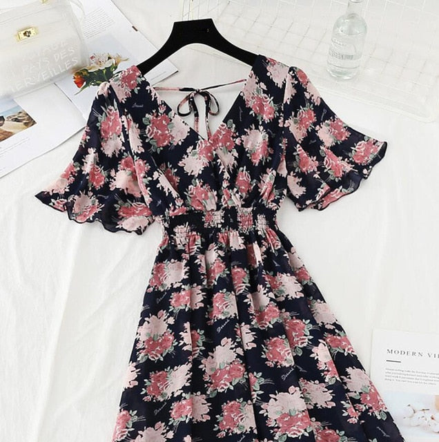 Ruffled Short-sleeved Chiffon Dress