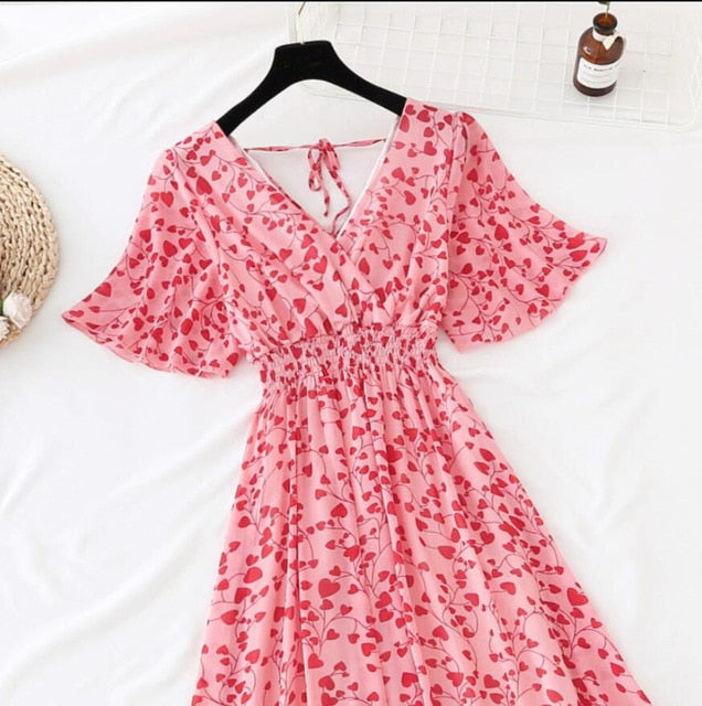 Ruffled Short-sleeved Chiffon Dress