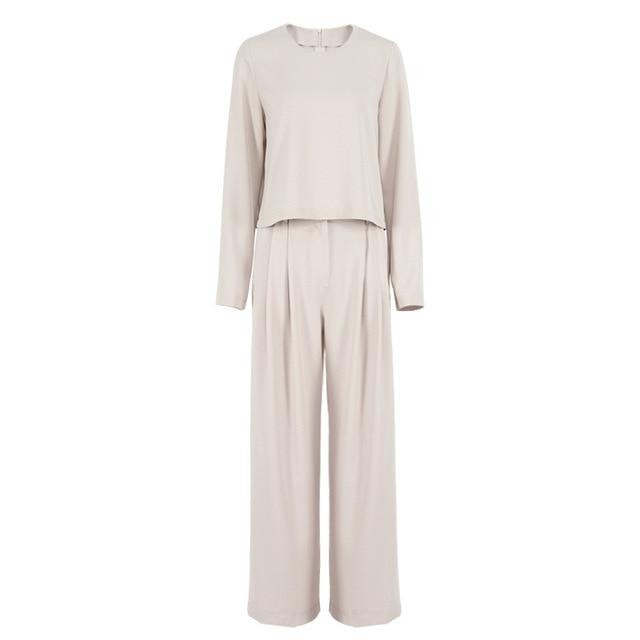 Wide leg Pleated Loose Trousers and Top set Beige Set