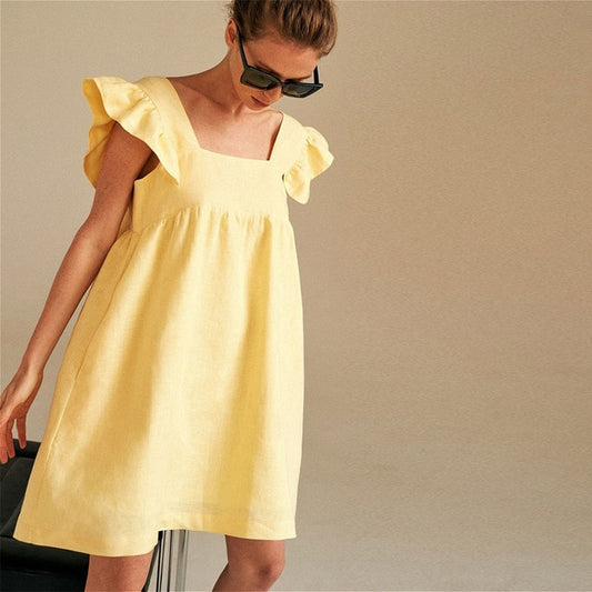 Square Neck yellow Ruffles Dress