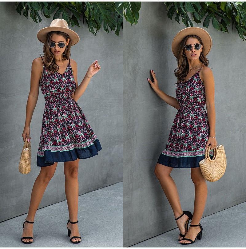 V-neck button detail mini sun dress