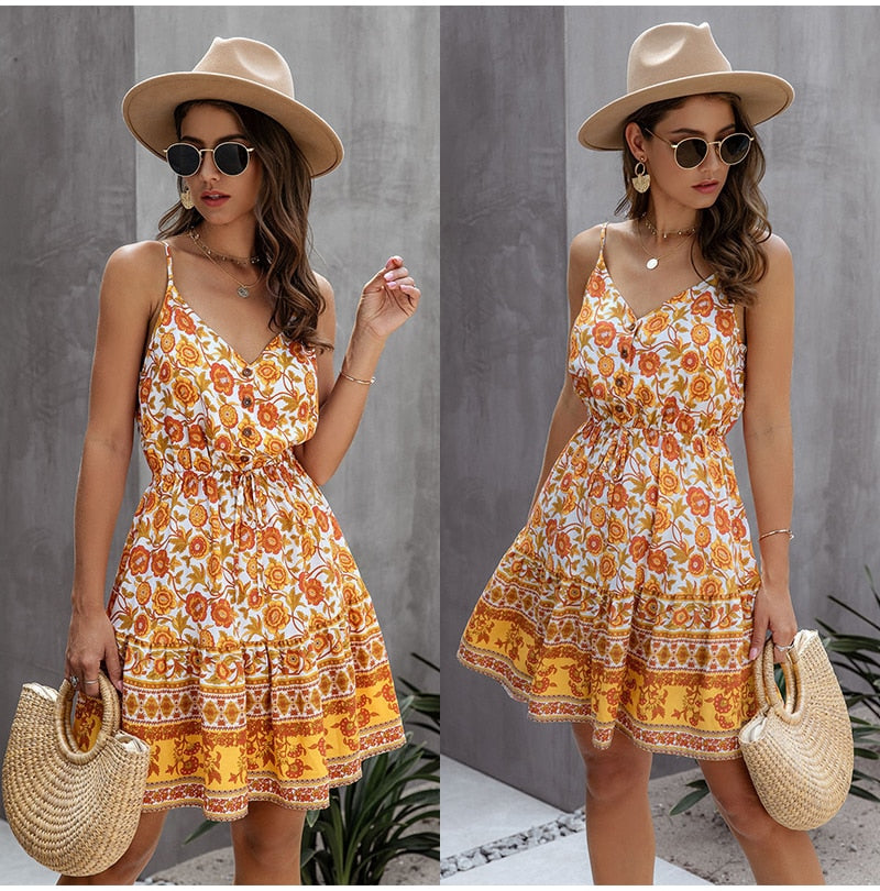 V-neck button detail mini sun dress