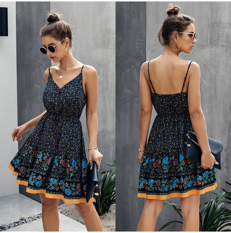 V-neck button detail mini sun dress