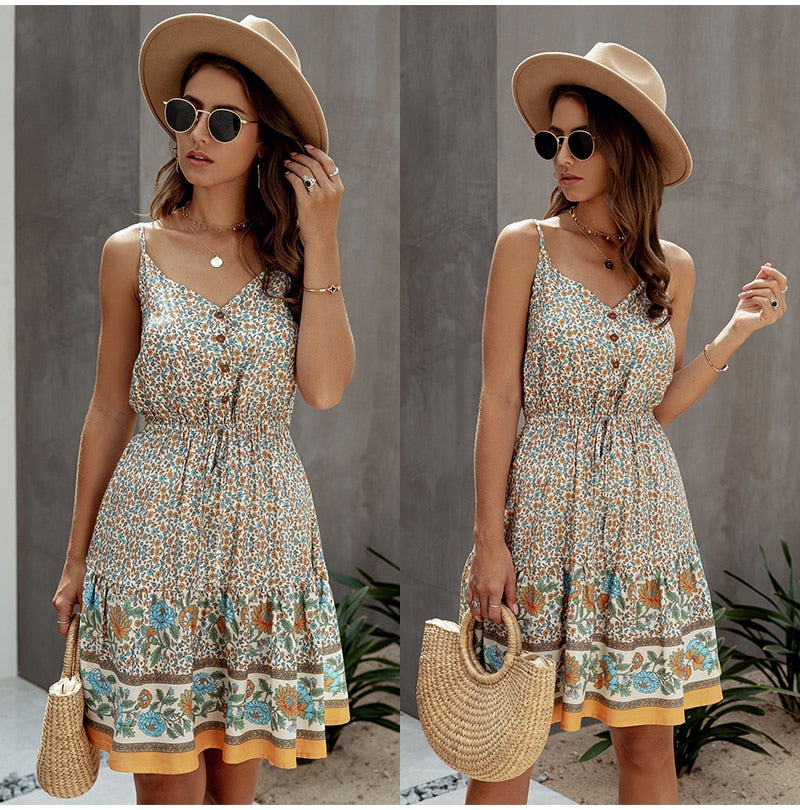 V-neck button detail mini sun dress