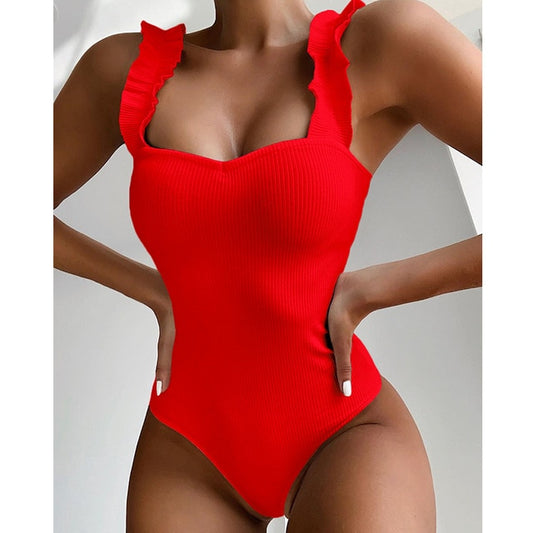 Ribbed and Ruffle One Piece Swimsuit / Bathing Swimming Suit