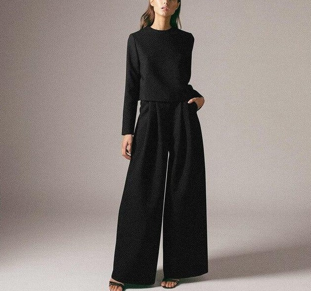 Wide leg Pleated Loose Trousers and Top set Black Set