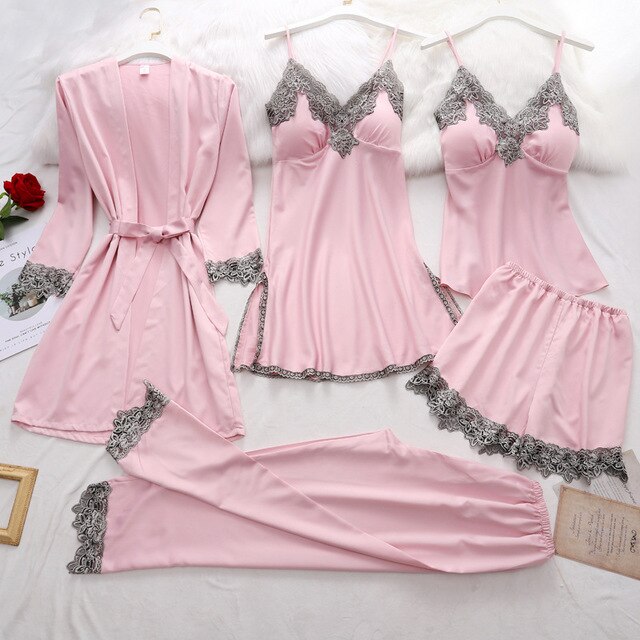 Five-piece Satin Pyjama Set pink 5pcs