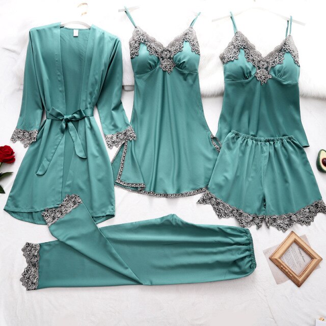 Five-piece Satin Pyjama Set qing 5pcs