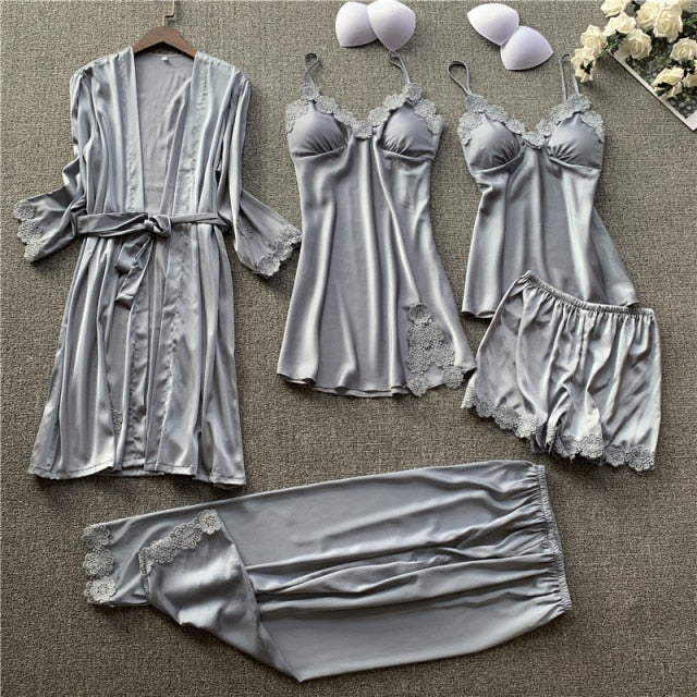 Five-piece Satin Pyjama Set gray 5pcs C