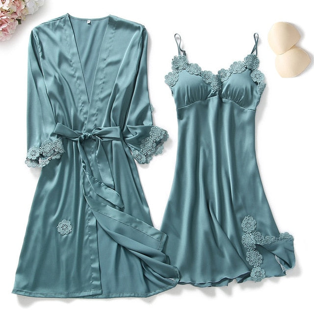 Five-piece Satin Pyjama Set green 2pcs