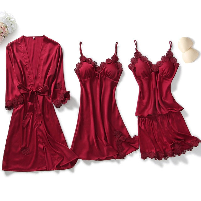 Five-piece Satin Pyjama Set burgundy 4pcs