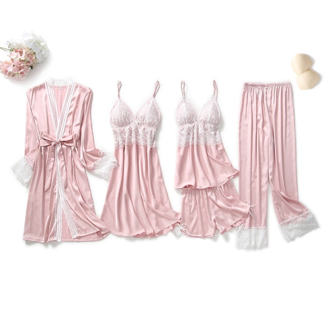 Five-piece Satin Pyjama Set pink 5pcs B