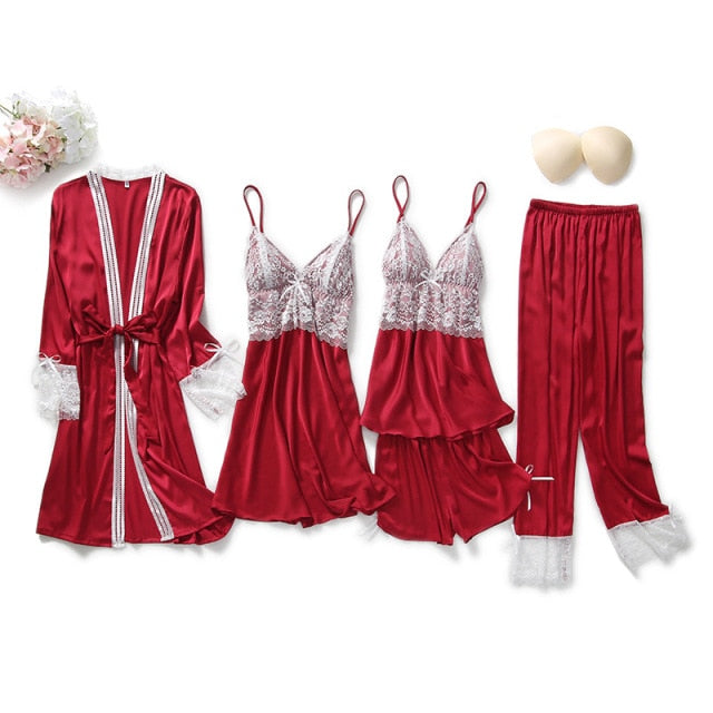 Five-piece Satin Pyjama Set burgundy 5pcs B