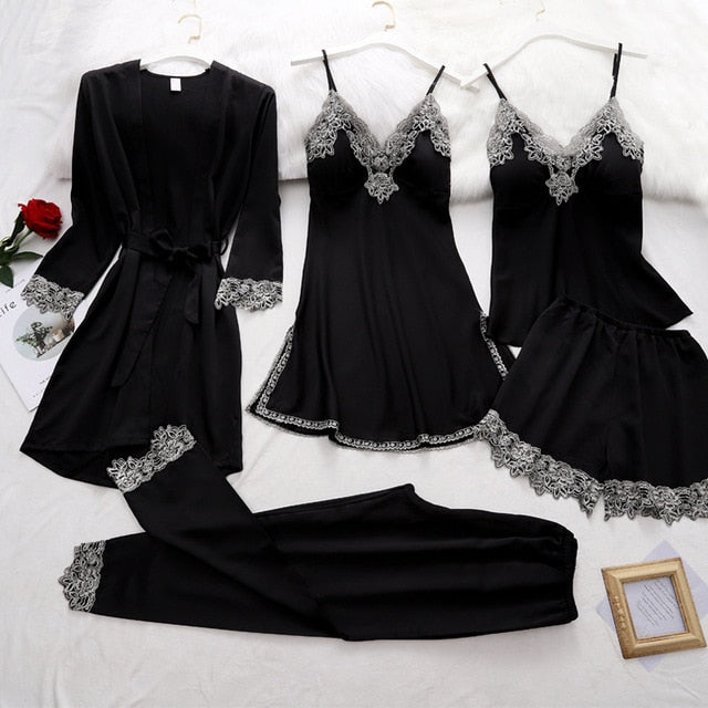 Five-piece Satin Pyjama Set black 5pcs B