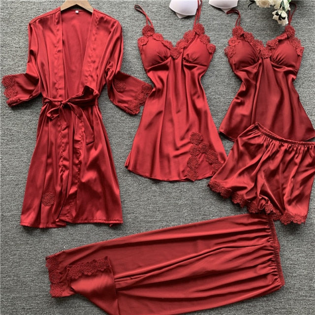 Five-piece Satin Pyjama Set burgundy C