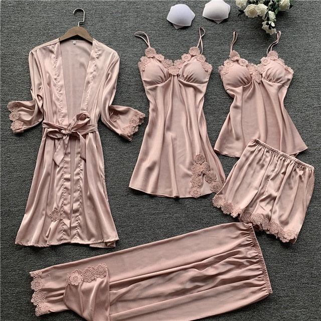 Five-piece Satin Pyjama Set pink C