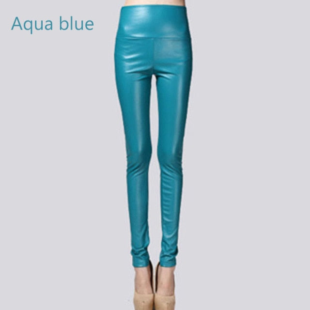 Stretch Faux Leather Skinny Trousers Aqua blue