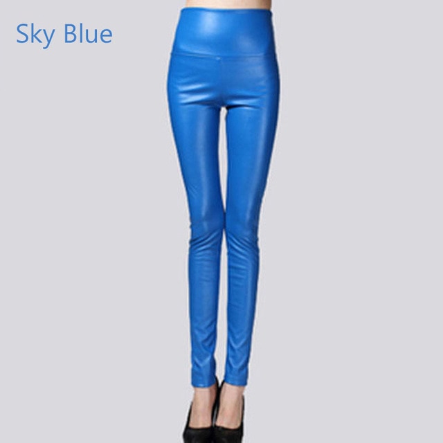 Stretch Faux Leather Skinny Trousers Sky Blue