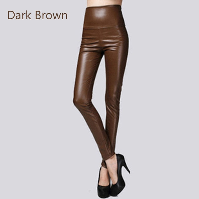 Stretch Faux Leather Skinny Trousers Dark Brown