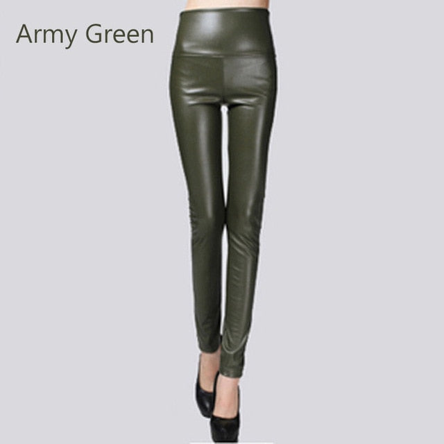 Stretch Faux Leather Skinny Trousers Army Green