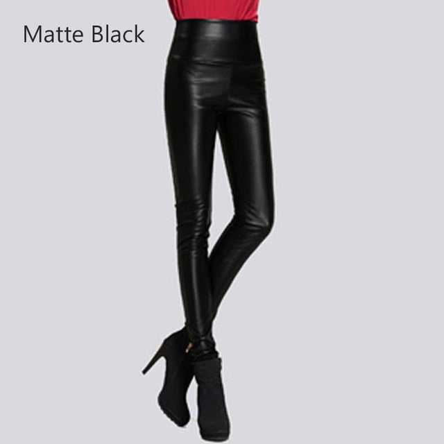 Stretch Faux Leather Skinny Trousers Matte Black