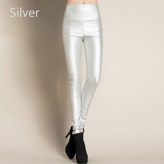 Stretch Faux Leather Skinny Trousers Silver