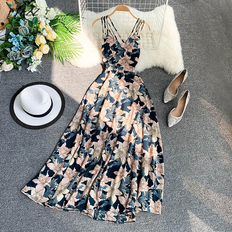 Floral V-neck Backless Long Dress