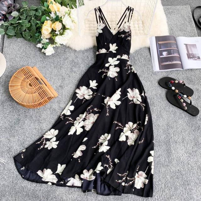 Floral V-neck Backless Long Dress Black