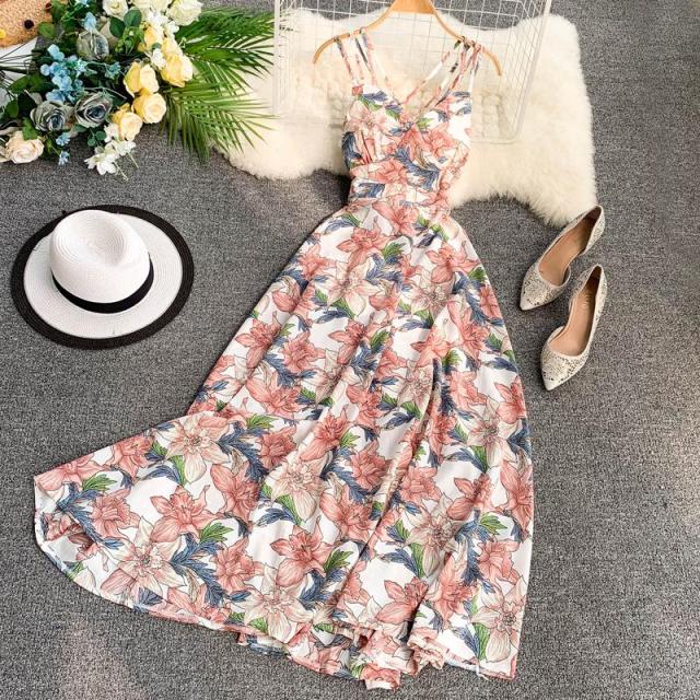 Floral V-neck Backless Long Dress Pink