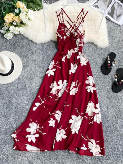 Floral V-neck Backless Long Dress