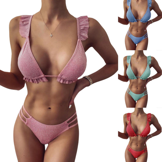 Ruffled low neck Bikini set - Swimsuit - elegant Bathing Suit