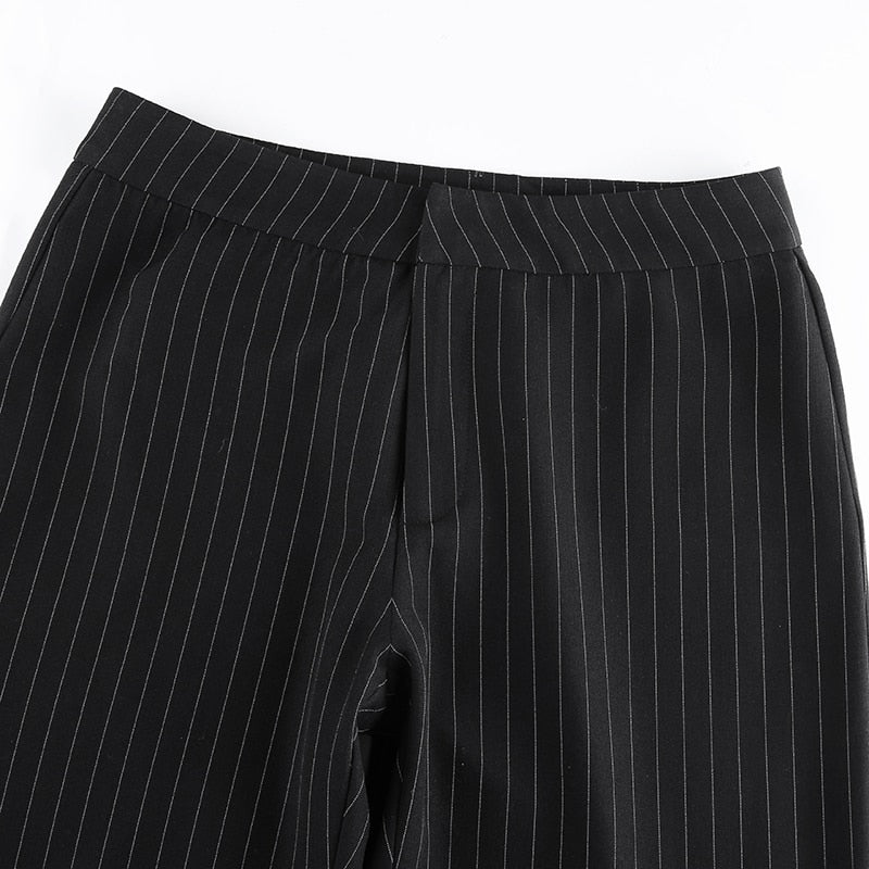 Striped Black & White High Waist Straight Trousers