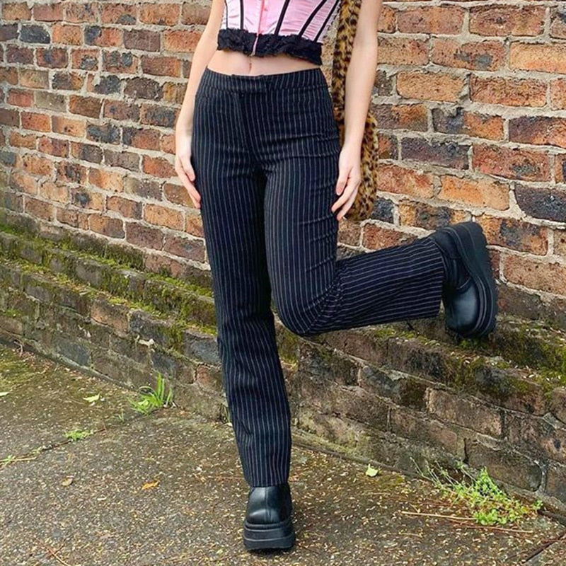 Striped Black & White High Waist Straight Trousers