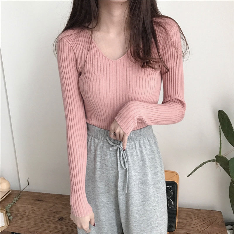 V-neck Knitted Pink Top