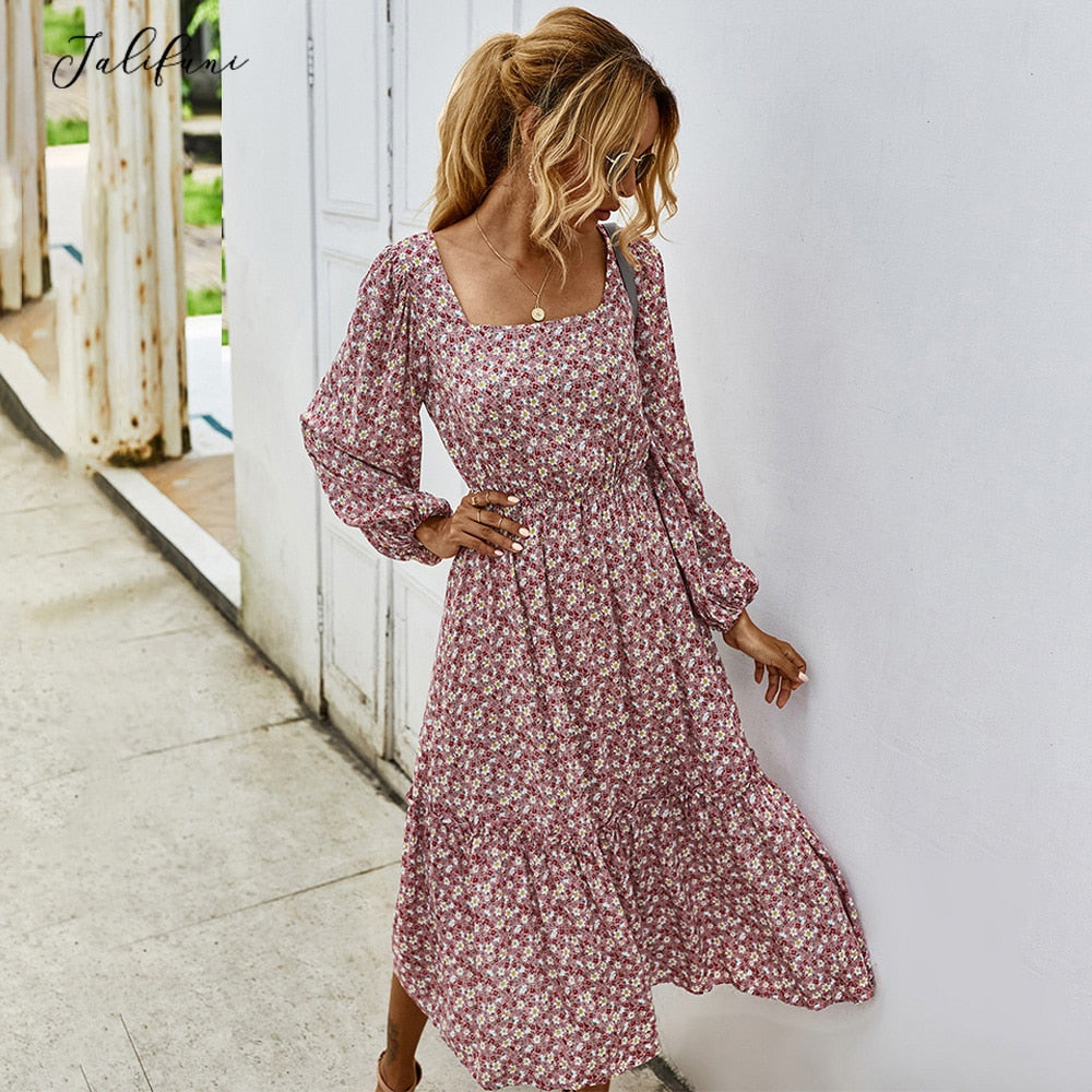 Square neck Long Sleeve Floral Dress