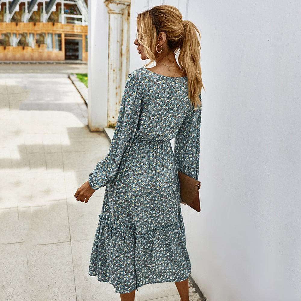 Square neck Long Sleeve Floral Dress