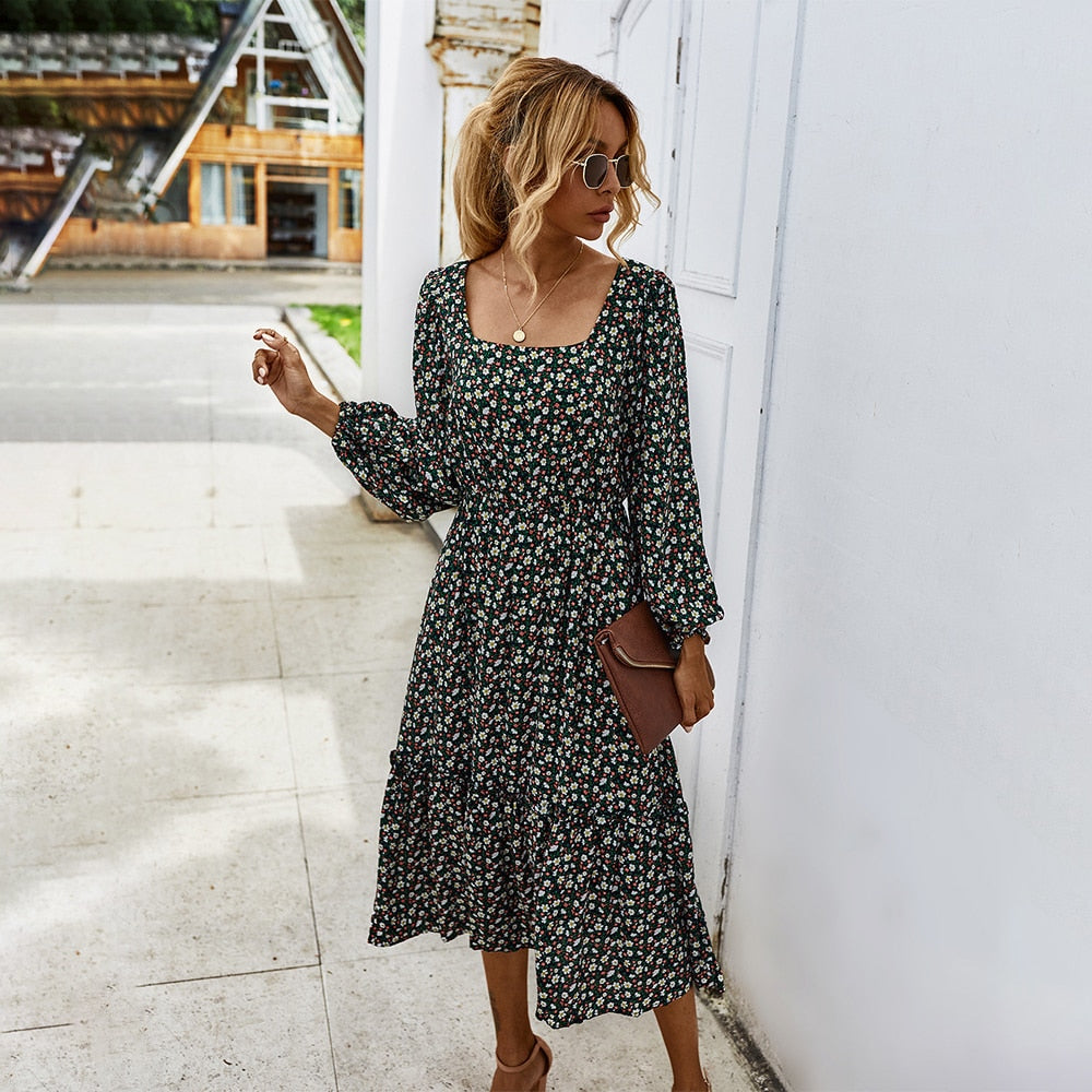 Square neck Long Sleeve Floral Dress